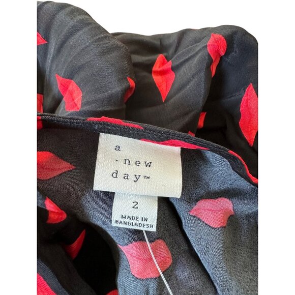 A New Day Black & Red Lip Print Midi Dress Size 2 Whimsical Dreamy Flowy - Picture 5 of 9